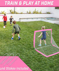 Kids playing soccer in backyard with Team Tone 4 Feet By 3 Feet Pop Up Soccer Goals For Kids Set Of 2 Portable Backyard Nets With 6 Stakes Pink