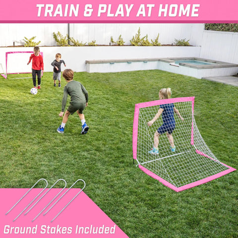 Kids playing soccer in backyard with Team Tone 4 Feet By 3 Feet Pop Up Soccer Goals For Kids Set Of 2 Portable Backyard Nets With 6 Stakes Pink