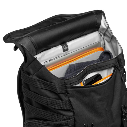 ProTactic BP 300 AW II Mirrorless And DSLR Backpack With QuickShelf divider open showing camera gear and personal items storage