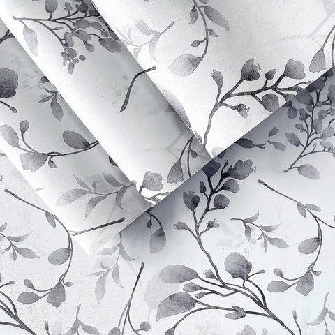 Gray Peel And Stick Floral Wallpaper Self Adhesive Vinyl With Waterproof And Removable Backing For Easy Install On Walls Cabinets Bathrooms And Bedrooms No Residue And Strong Adhesion Twenty Four Square Feet showing rolled edges and gray magnolia design close-up
