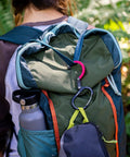 HeroClip Small Carabiner Clip And Hook Three In One For Purses Strollers And Backpacks Stealth Black hanging on backpack