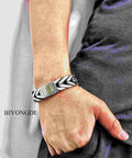 Mens Premium Foxtail Link Chain Bracelet In Stainless Steel Sleek Chunky Wide Link Loop For Men on wrist