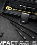 Impact Extension Bar Set For One Quarter Inch Drive Three Piece With Three Inch Six Inch And Ten Inch Bars Hardened Chrome Vanadium Steel Black Phosphate Coating arranged neatly.
