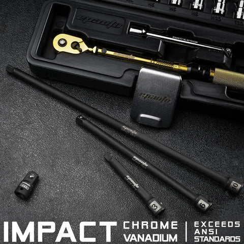 Impact Extension Bar Set For One Quarter Inch Drive Three Piece With Three Inch Six Inch And Ten Inch Bars Hardened Chrome Vanadium Steel Black Phosphate Coating arranged neatly.