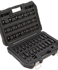 Open case of Impact Socket Set Three Eighths Inch Drive, 42 Piece, SAE And MM Sizes, with durable case for mechanics.