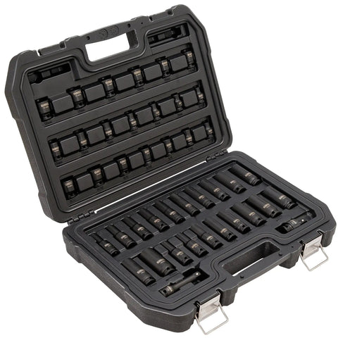 Open case of Impact Socket Set Three Eighths Inch Drive, 42 Piece, SAE And MM Sizes, with durable case for mechanics.