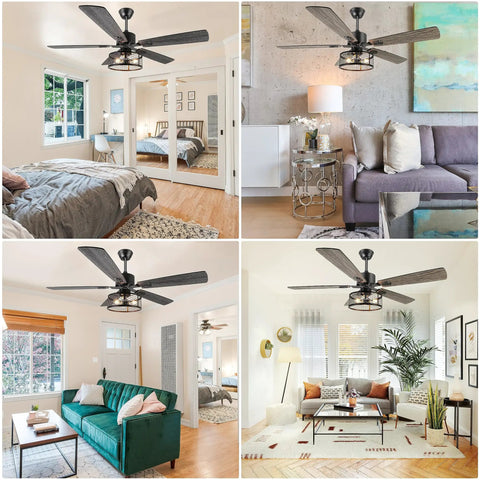 52 Inch Dope Farmhouse Ceiling Fan With Lights And Remote, rustic caged lighting, in bedroom, living room, patio views
