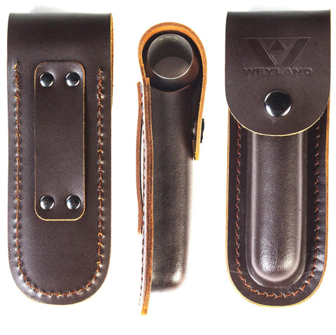 Leather case for Rugged Bushcraft Settlers Hand Auger With Scotch Eye And Peg Maker, brown with stitching, shown from various angles.