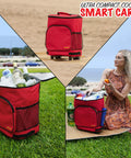 Ultra Compact Cooler Smart Cart Red Insulated Collapsible Rolling Tote for tailgate BBQ beach and summer trips lightweight