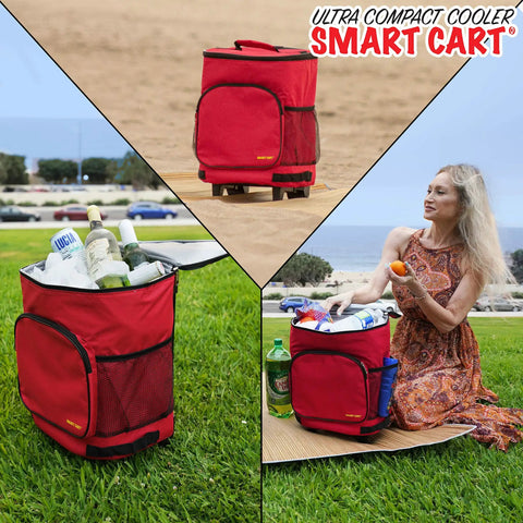 Ultra Compact Cooler Smart Cart Red Insulated Collapsible Rolling Tote for tailgate BBQ beach and summer trips lightweight