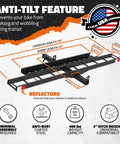 Diagram showing Anti-Tilt Motorcycle Hitch Carrier With 73 Inch Ramp And 47 Inch Dirt Bike Loading Ramp For Fat Tire E-Bikes Fits 2 Inch Receivers Weatherproof Heavy Duty Steel features