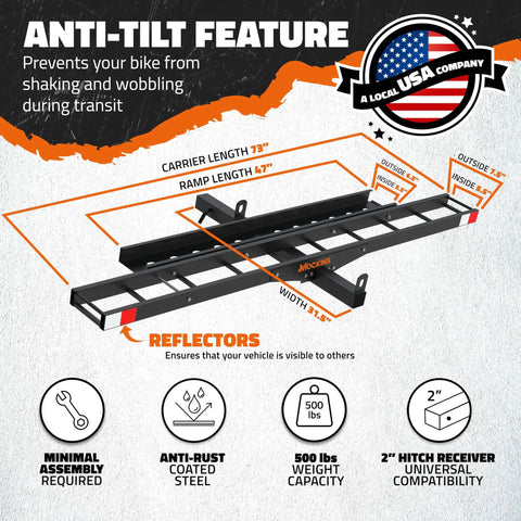 Diagram showing Anti-Tilt Motorcycle Hitch Carrier With 73 Inch Ramp And 47 Inch Dirt Bike Loading Ramp For Fat Tire E-Bikes Fits 2 Inch Receivers Weatherproof Heavy Duty Steel features