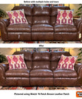 Before and after using Leather Repair Patch Kit Brown 14 By 6 Inches Realistic Self Adhesive Faux Leather Patches on a sofa