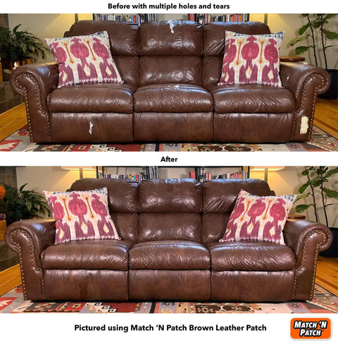 Before and after using Leather Repair Patch Kit Brown 14 By 6 Inches Realistic Self Adhesive Faux Leather Patches on a sofa