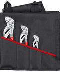 Three Piece Pliers Wrench Set In Tool Roll High Leverage Pliers Wrenches For Gripping Turning Pressing And Bending Heavy Duty Utility Kit For Auto Home And DIY Projects, displayed in black tool roll with three sizes.