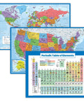 Three Pack World Map Poster Set And USA Map Poster With Periodic Table Chart For Kids, Laminated And Tear Resistant, wall decor