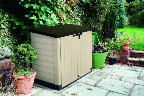 All Weather Heavy Duty Outdoor Storage Shed Made From Resin Plastic For Forty Two Cubic Feet Of Easy Patio Garden Tool Organization In Earthy Brown Shade, 57x32x49 inches.