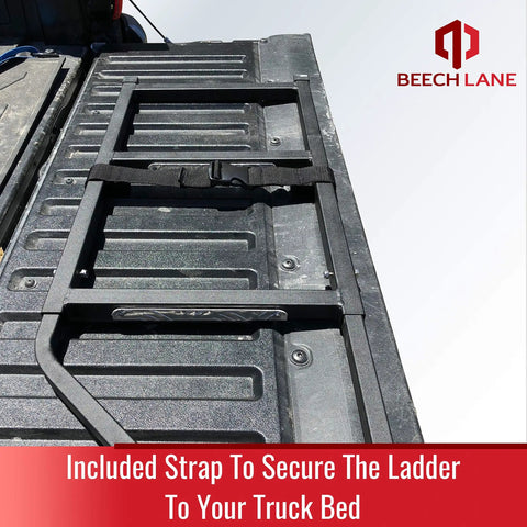 Tailgate Ladder For Pickup Trucks Universal Fit, Easy Install With Stainless Steel Self Drilling Screws, Durable Aluminum Step Grip Plates, And Sturdy Rubber Ladder Feet For Safe Bed Access, strapped to truck bed