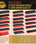 Pro Grade Contoured Hand Sanding Block Set With 40 Hook And Loop Sandpaper Sheets displayed with convex and concave shapes