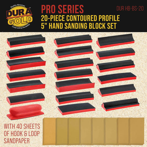 Pro Grade Contoured Hand Sanding Block Set With 40 Hook And Loop Sandpaper Sheets displayed with convex and concave shapes