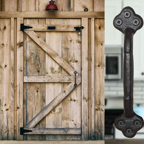 Rustic Gate Handle 9 Inch Cast Iron Barn Door Handle Heavy Duty Metal Fence Gate Pull For Garage Black 2 Pack shown on barn door