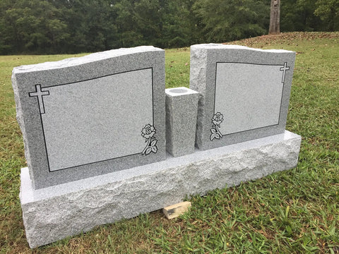 Custom Engraved Two Person Cemetery Memorial With Center Vase, Granite Headstone Double Monument, Companion Wing Upright Grave Marker For Loved Ones, Names And Dates Engraving With Proofs Included