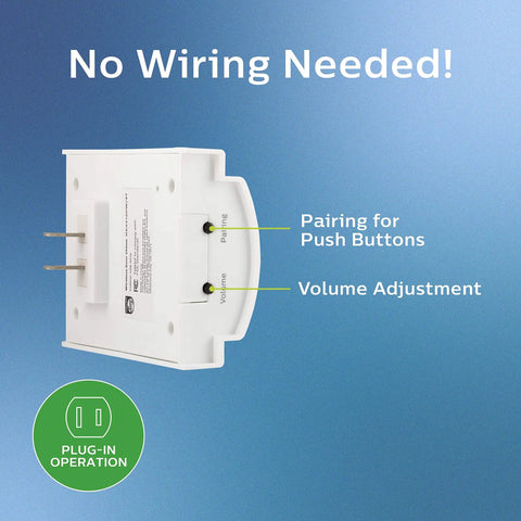 Back view of the Wireless Doorbell Kit Plug In Receiver showing pairing and volume controls, no wiring needed, white.
