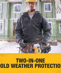 Construction worker wearing 2-In-1 Thermal Grip Glove DPG737L With Moisture-Wicking Nylon Shell, black and yellow gloves.