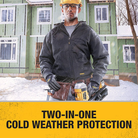 Construction worker wearing 2-In-1 Thermal Grip Glove DPG737L With Moisture-Wicking Nylon Shell, black and yellow gloves.