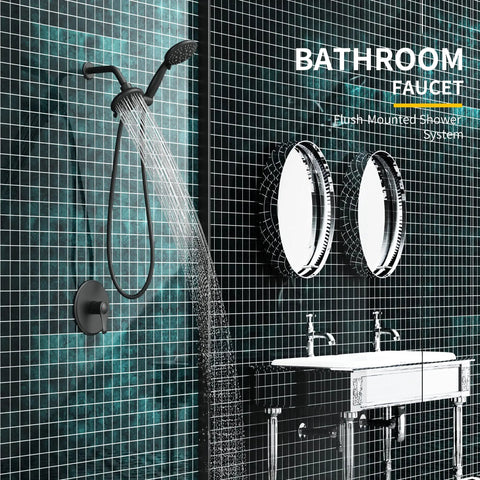 Shower System With 6 Mode Bathtub Handheld Showerhead And Rain Shower Combo, 2 In 1 Shower Head, Matte Black Finish setup in bathroom