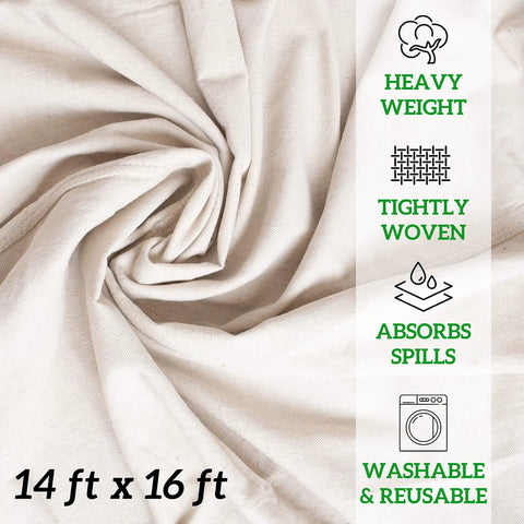 All Purpose Canvas Drop Cloths For Painting And Renovation Heavy Duty Floor Cover Protects Furniture And Surfaces Reusable Painters Tarp For Home Projects 14x16 Inch Canvas Tarp DIY Friendly. 14x16 inch cream canvas fabric closeup with features listed: heavy weight, tightly woven, absorbs spills, washable, reusable.