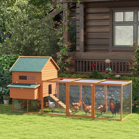 Big Ol Backyard Chicken Coop For Eight To Ten Hens With Nesting Boxes And Run In Bright Orange next to a house and garden