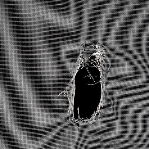 Close-up of torn screen illustrating need for Screen Door Repair Kit With Rolling Tool For Replacing Windows And Patio Door Screens, Includes 48 By 84 Charcoal Fiberglass Cloth, One Kit, Durable Repair For Rips, Tears, And Holes