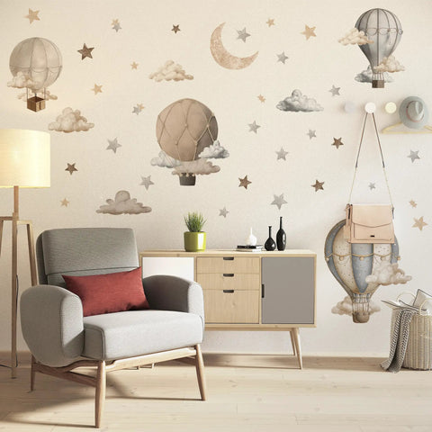 Dreamy Hot Air Balloon and Star Wall Decals Peel and Stick Vinyl Wall Stickers for Kiddo Sized Kids Room Nursery Decor displayed on wall