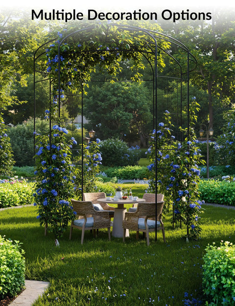 7 Ft Garden Arch With Gate, Classic Black Finish, Tough Iron Arbor For Climbing Roses And Vines in a lush green garden