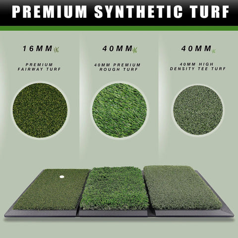 Tri Turf Golf Hitting Mat With Heavy Duty Rubber Backing For Indoor Or Outdoor Practice, displays turf layers