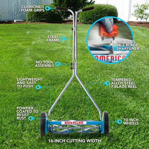 7 Blade Reel Mower With Sharpener For Fine Textured Lawns 16 Inch Cutting Width Lightweight Manual Grass Cutter, steel frame