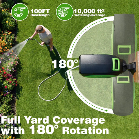 Man using Retractable Garden Hose Reel 100 ft Half Inch Wall Mounted Auto Rewind with 180 Degree Swivel for watering.