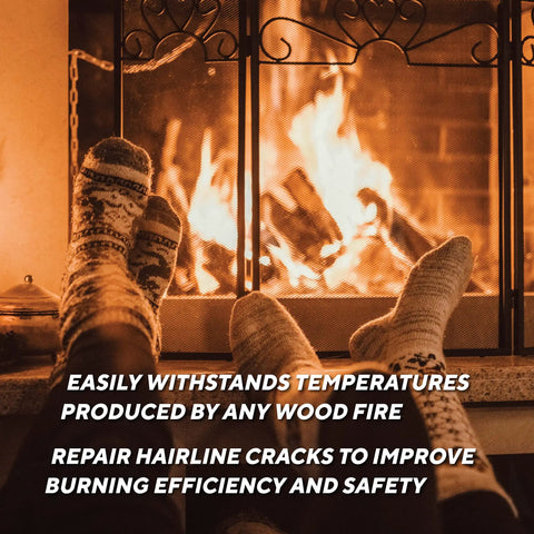 Couple's feet in front of a fireplace, emphasizing the use of Fireplace Mortar Cartridge For Firebrick Repair, 10.3 Fl Oz, Black, High Heat Cure Formula.