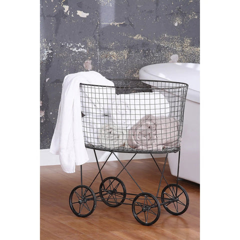 Old School Vintage Metal Laundry Basket On Wheels With Durable Frame In Gray Finish, 25 By 15 By 26.75 Inches, Easy Roll Laundry Cart