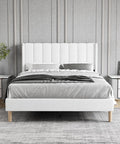 Modern White Full Size Bed Frame With Linen Upholstered Channel Tufted Headboard Lowkey Stunning Platform Bed Straight Up Cozy Wingback Design, front view in bedroom.