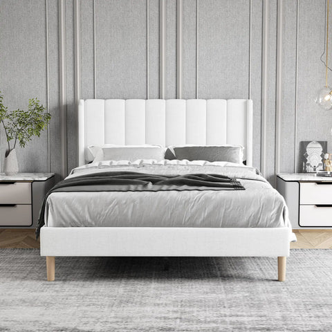 Modern White Full Size Bed Frame With Linen Upholstered Channel Tufted Headboard Lowkey Stunning Platform Bed Straight Up Cozy Wingback Design, front view in bedroom.