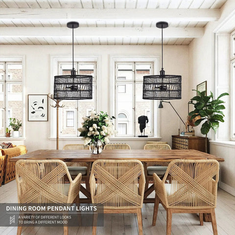 Black Rattan Pendant Lights Drum Chandelier hanging over dining table in bright room with wicker chairs and decor.