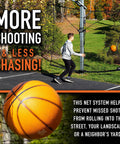 Boy playing basketball with XL Defender Pro Basketball Rebounder Net For Outdoor Driveway Hoops, Quick Setup Easy Fold Design.