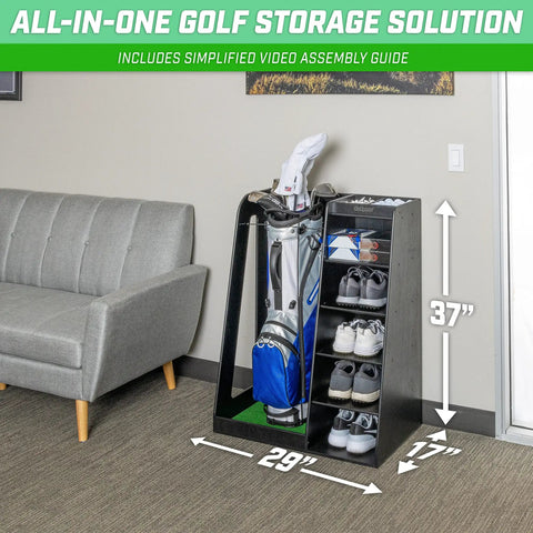 Premium Wooden Golf Bag Organizer And Storage Rack In Black That Keeps Your Gear Neatly Stored And Ready To Roll next to a grey sofa, fits one full-size golf bag and four pairs of shoes in a modern, sleek solid wood cabinet.