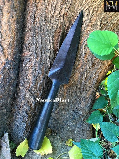Hand Forged Viking Saga Iron Spear Point for Reenactment against tree with leaves, carbon steel, antique style
