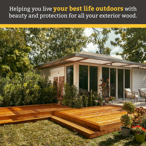 Outdoor deck stained with Australian Timber Oil Wood Stain And Protector Jarrah Brown Finish beside a modern patio.