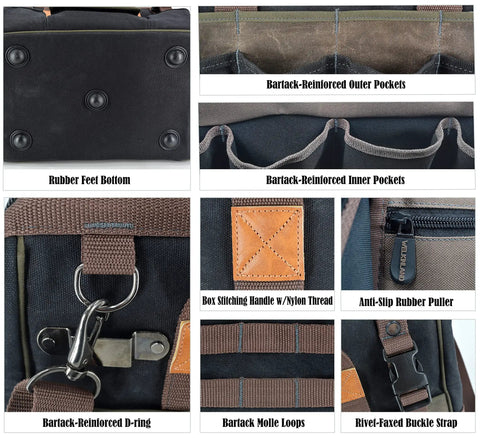 Close-up of the 32 Pocket Waxed Canvas Tool Bag with heavy duty build, 16-inch carrier showing reinforced pockets and hardware.