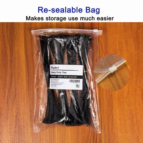 Nylon Zip Ties 10 Inch Black Heavy Duty Cable Ties 6mm Wide Pack Of 100 for indoor outdoor use in resealable bag