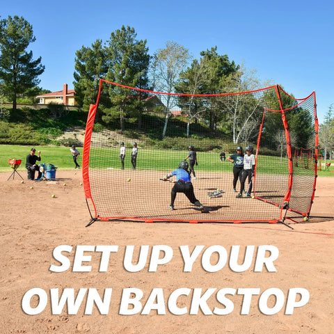Portable Sports Barrier Net in use for baseball practice on field, includes setup text and players, two size options available